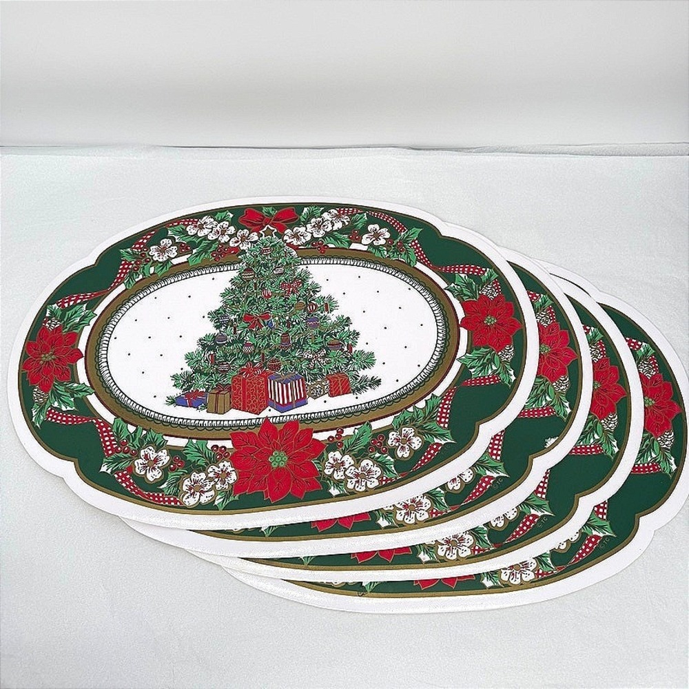 Christmas Placemats Vinyl VTG Set of 4 Oval Poinsettia Border Tree Holiday Decor